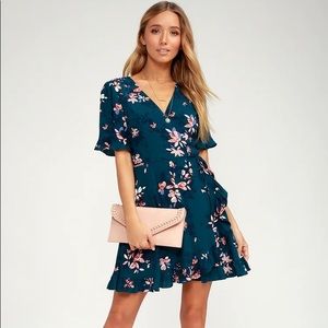 Dalton Teal Blue Floral Print Ruffled Wrap Dress